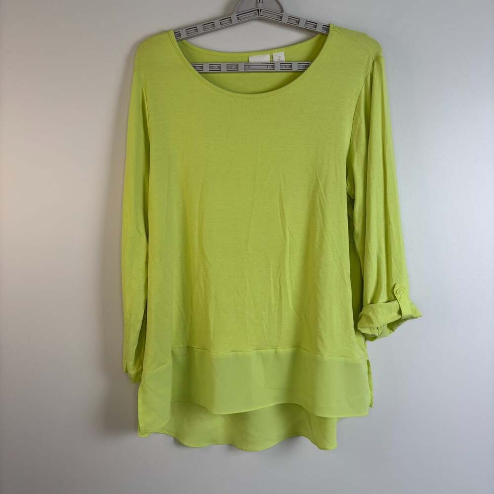 Chico's roll tab sleeve flowy tunic womens L lime round neck stretch knit